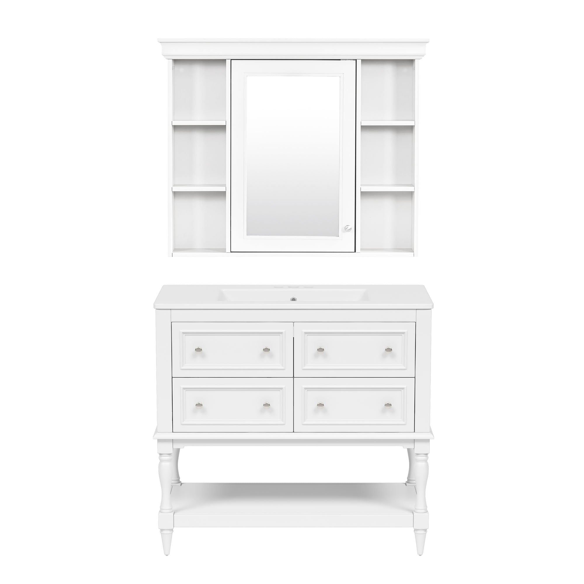 VanityFus 36-in White Bathroom Vanity Single Sink Medicine Cabinet Combo with Ceramic Top Undermount 1 Door 5 Drawers (Mirror Included)